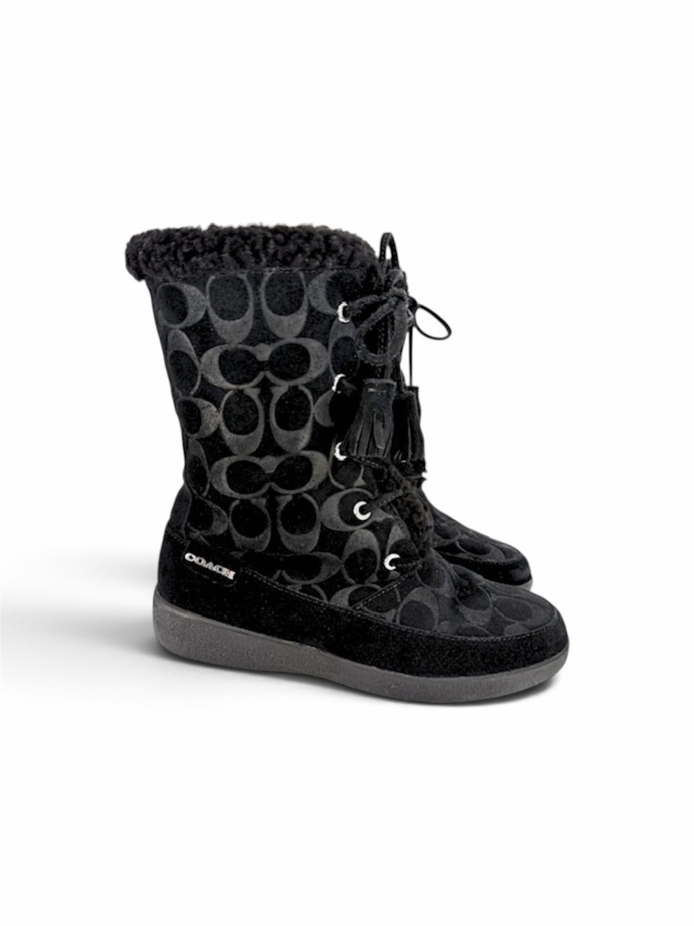 Coach Black Signature Suede Lace-Up Shearling Winter Boots